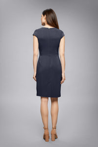 Stretch-Crepe Dress With Capped Shoulder And Pleated Detail In Midnight Blue