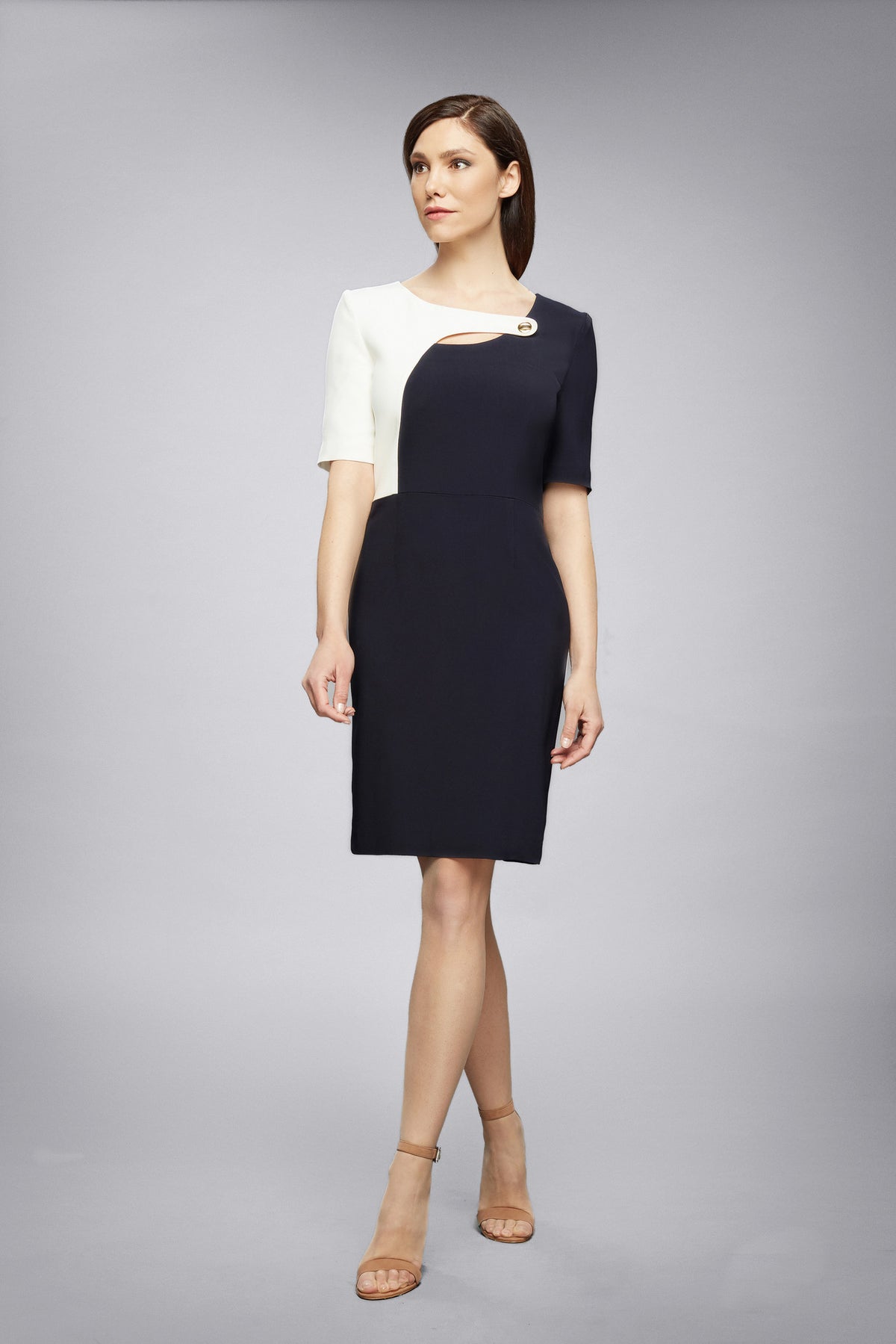 Midnight Blue Dress With Keyhole Tab Neckline And Cream Silk Detail