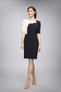 Midnight Blue Dress With Keyhole Tab Neckline And Cream Silk Detail