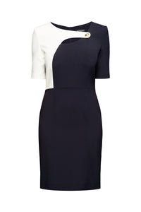 Midnight Blue Dress With Keyhole Tab Neckline And Cream Silk Detail