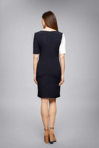 Midnight Blue Dress With Keyhole Tab Neckline And Cream Silk Detail