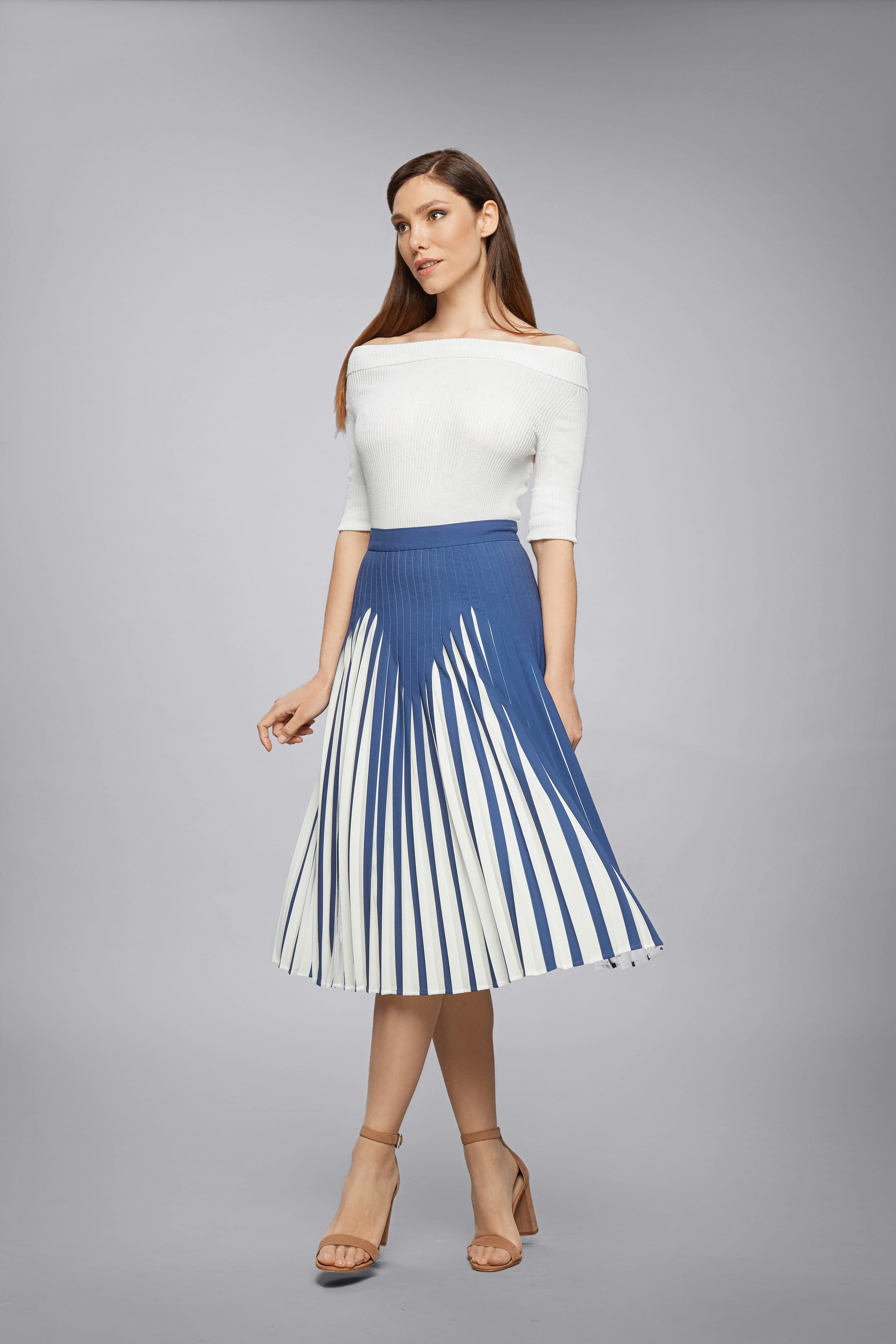 Azure Blue Pleated Two-Tone Midi Skirt