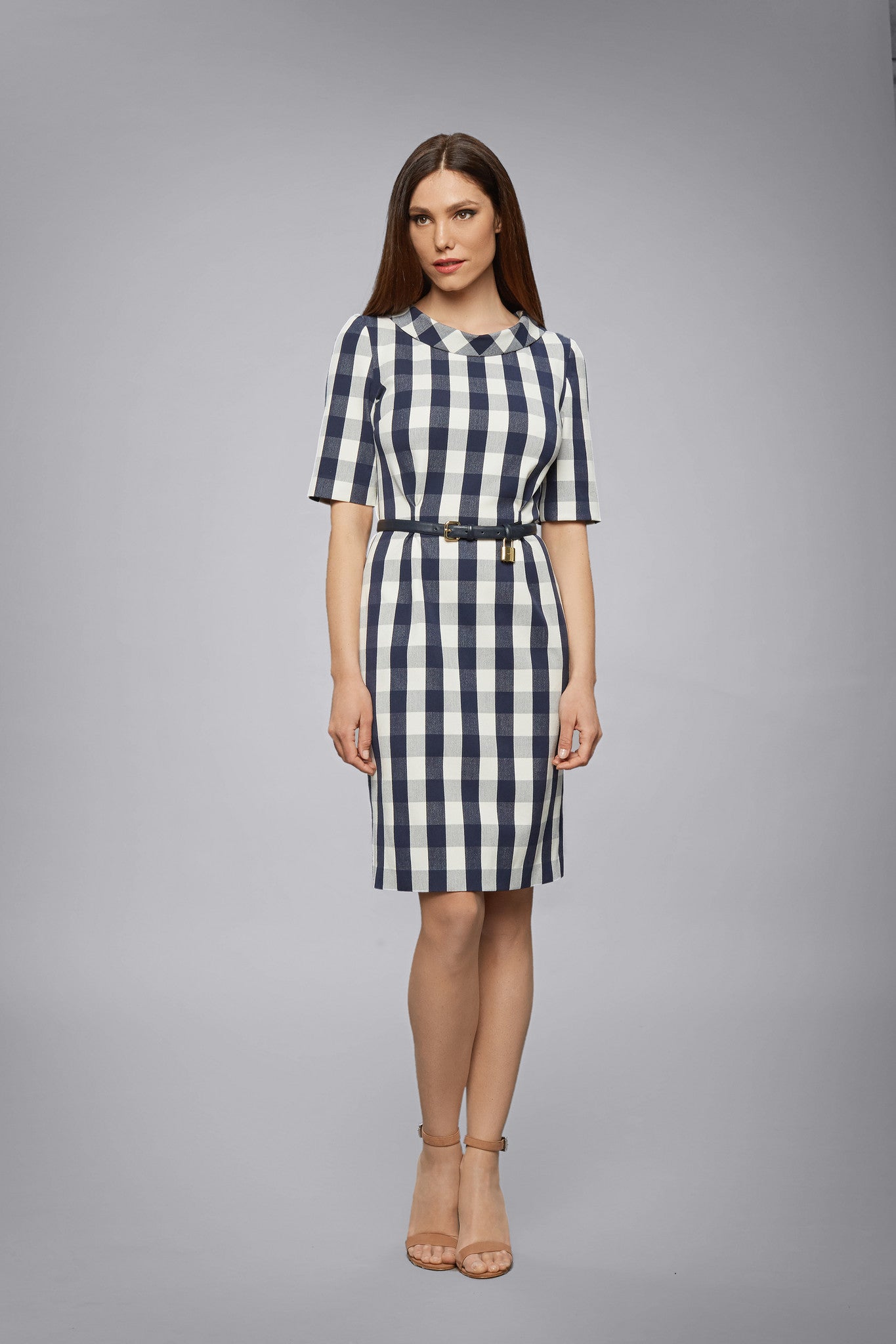 Navy Stretch-Cotton Gingham Dress With Raised Collar