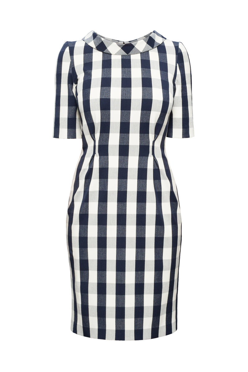 Navy Stretch-Cotton Gingham Dress With Raised Collar