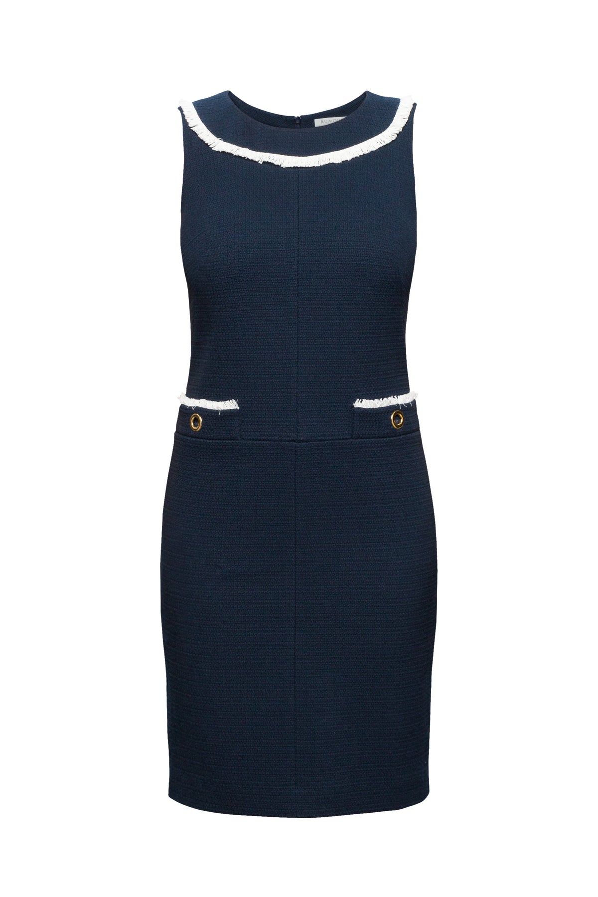 Navy cotton tweed dress with fringed neckline detail