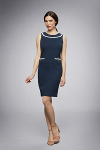 Navy cotton tweed dress with fringed neckline detail