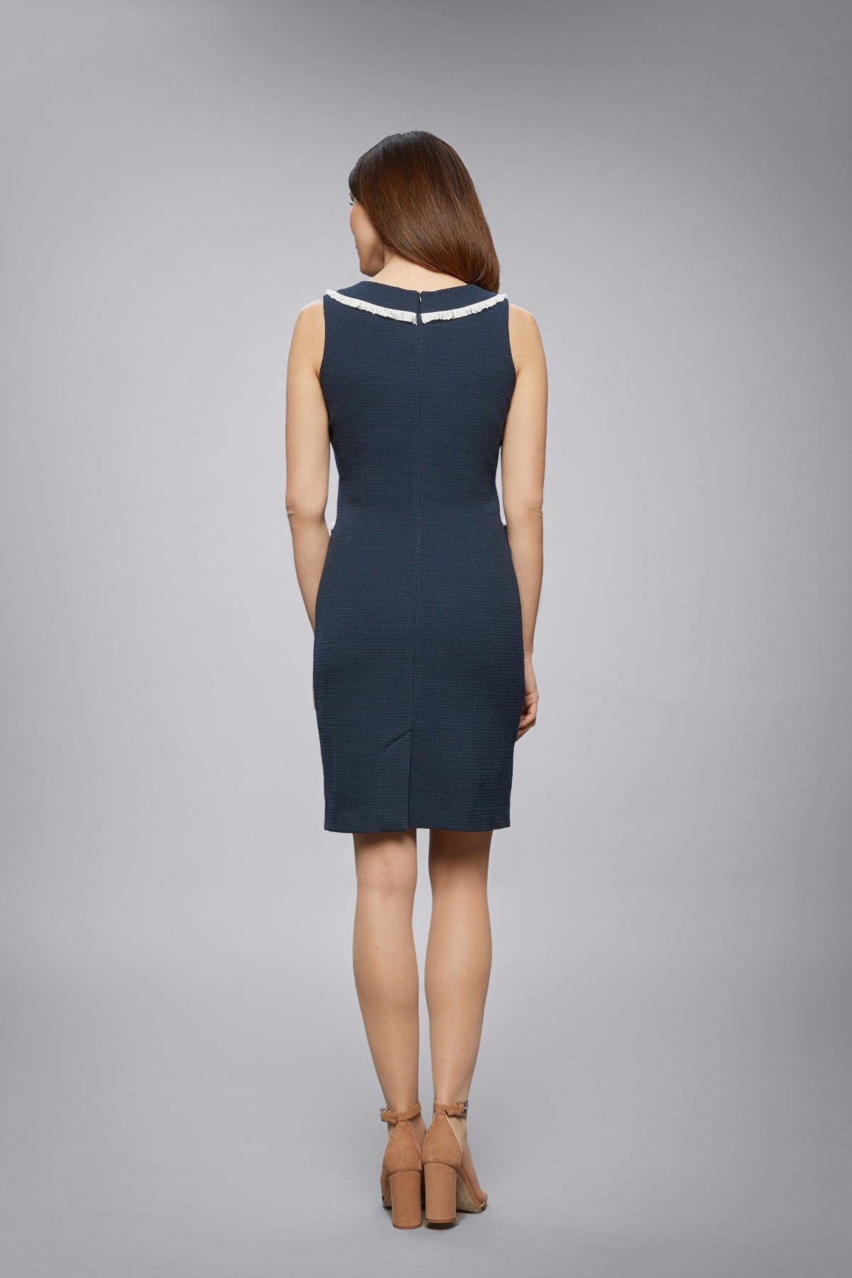 Navy cotton tweed dress with fringed neckline detail