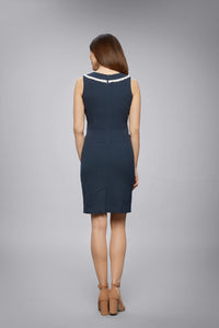 Navy cotton tweed dress with fringed neckline detail