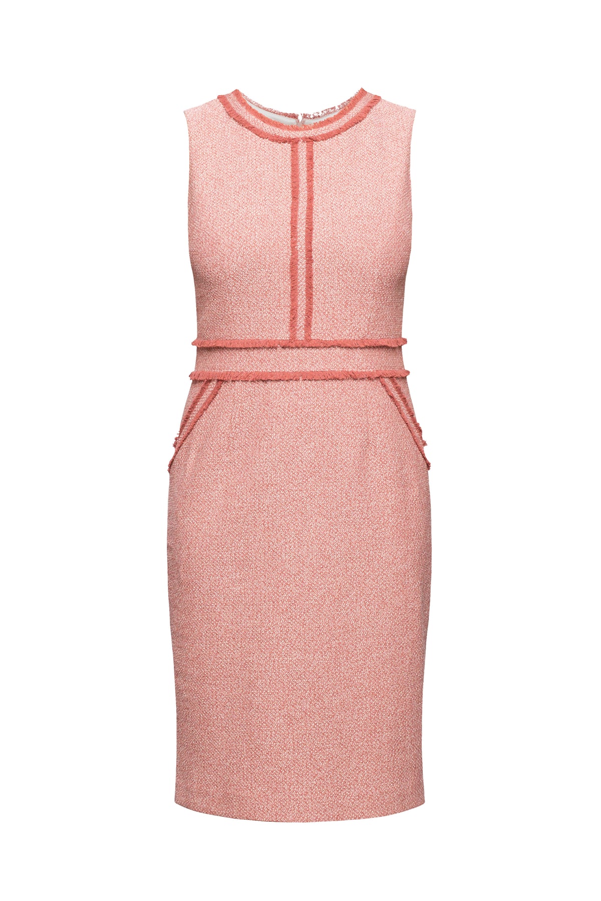 Soft pink cotton tweed dress with fringed detail