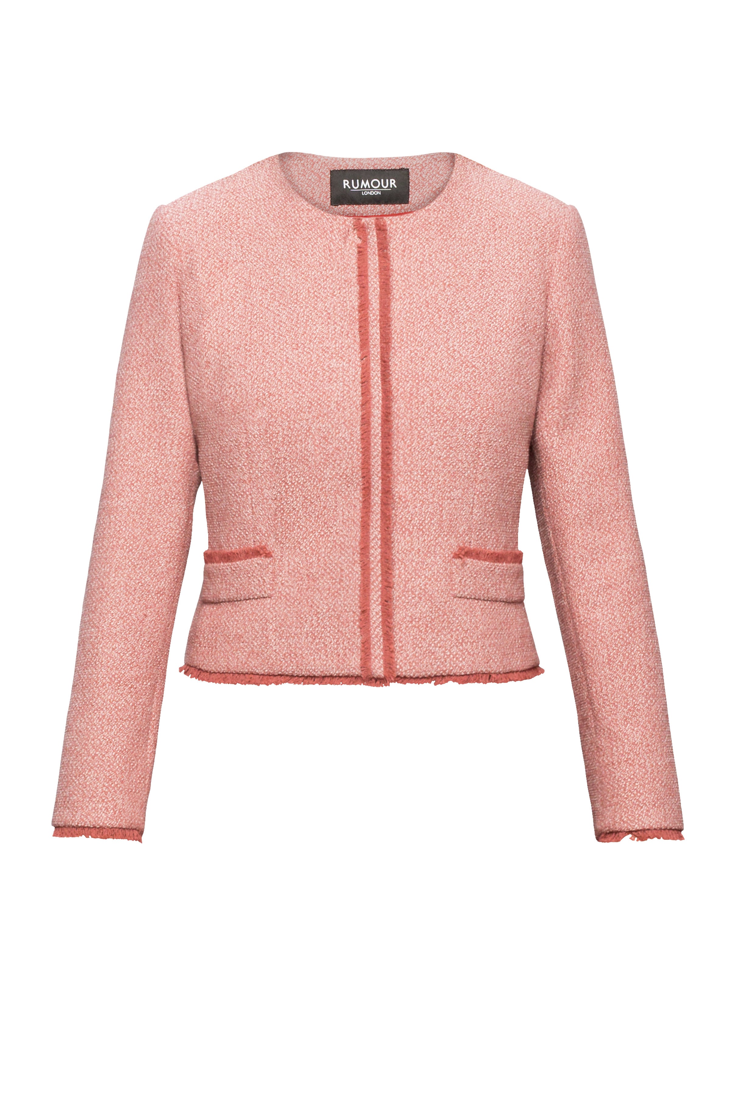 Soft Pink Tweed Jacket With Fringing Detail
