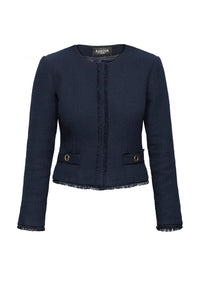 Navy Tweed Jacket With Fringing Detail