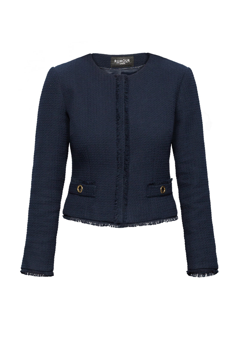 Navy Tweed Jacket With Fringing Detail