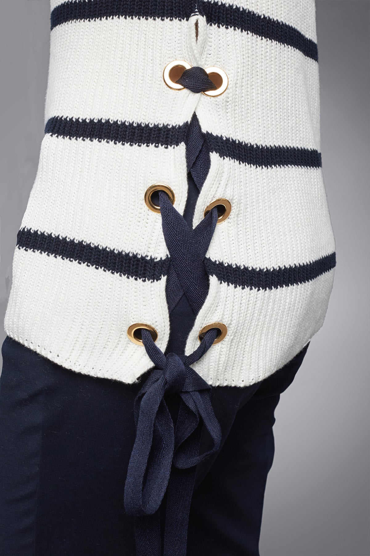Striped Cotton Sweater With Metal Eyelets In Cream