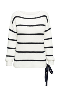 Striped Cotton Sweater With Metal Eyelets In Cream