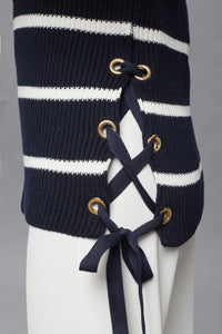 Striped Cotton Sweater With Metal Eyelets In Midnight Blue