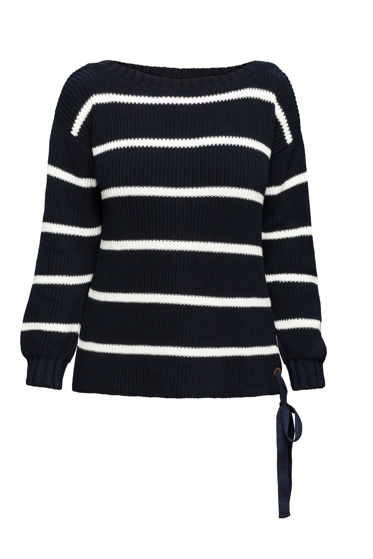 Striped Cotton Sweater With Metal Eyelets In Midnight Blue