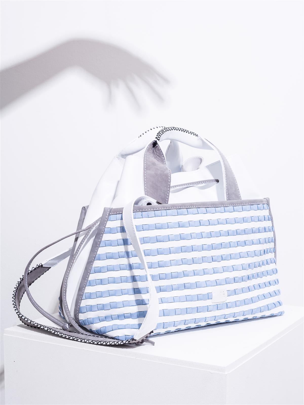 White and sky blue suede weave tote