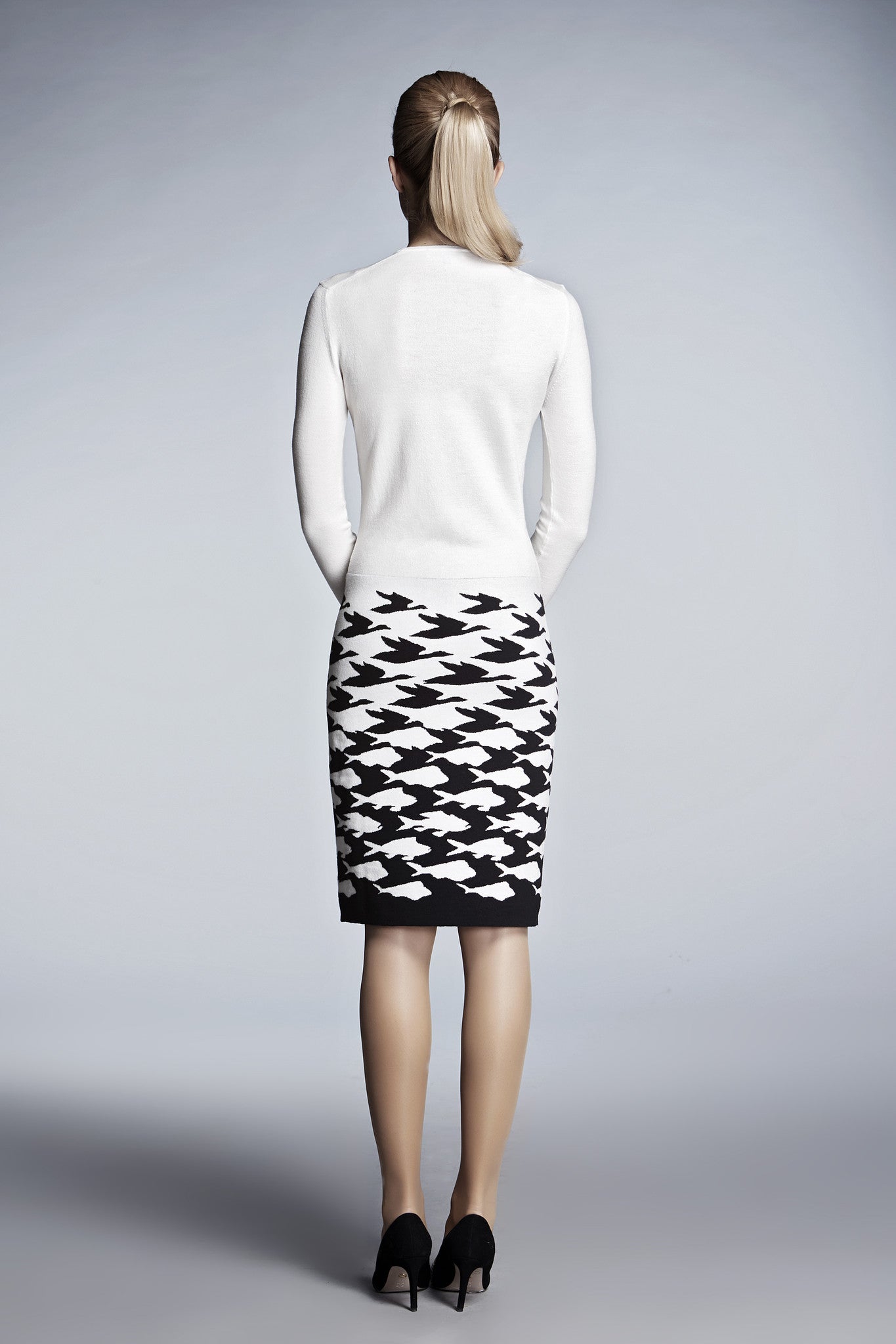 Ivory illusion-houndstooth knitted jacquard dress