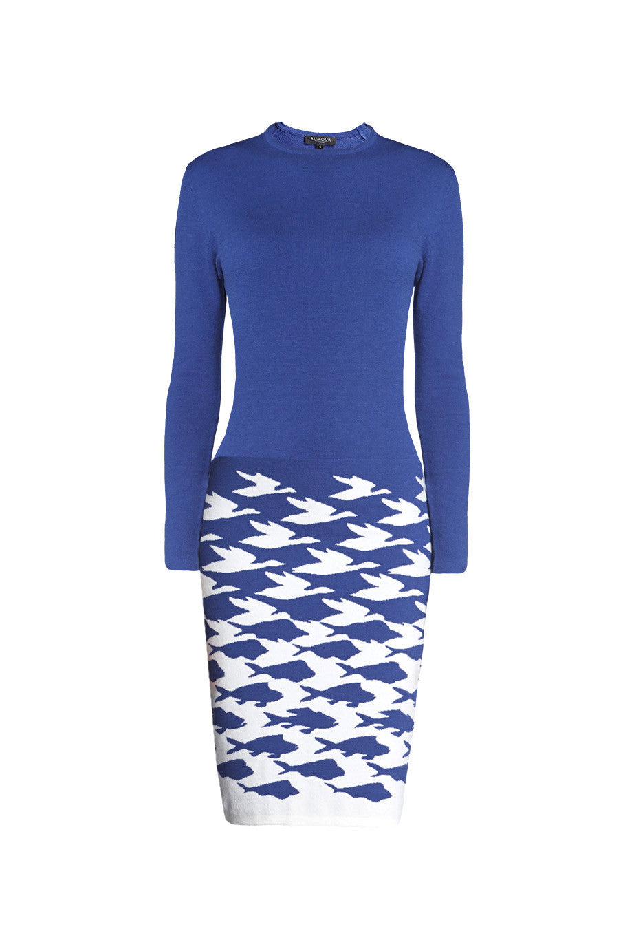 Azure blue illusion houndstooth knitted jacquard dress