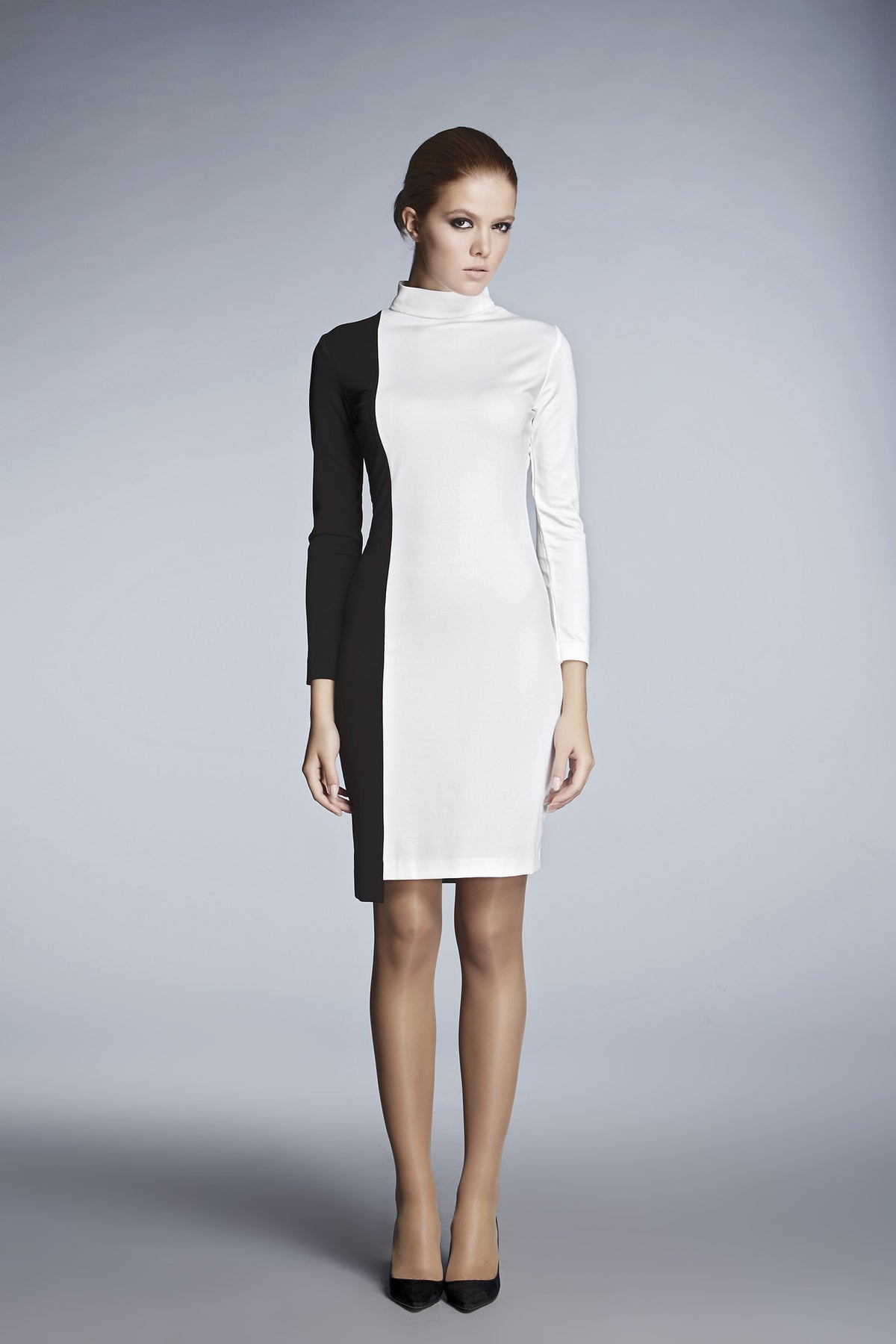 Block monochrome soft jersey dress with asymmetric hem