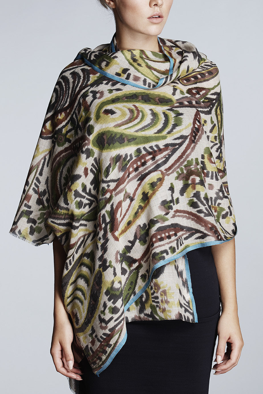 Printed green and brown motifs wool and silk-blend scarf