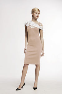 Powder asymmetric neckline knitted dress