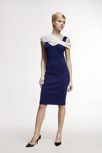 Blue asymmetric neckline knitted dress