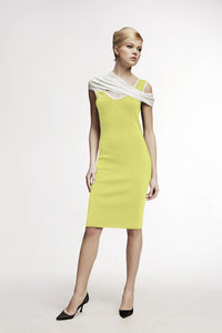 Chartreuse asymmetric neckline knitted dress