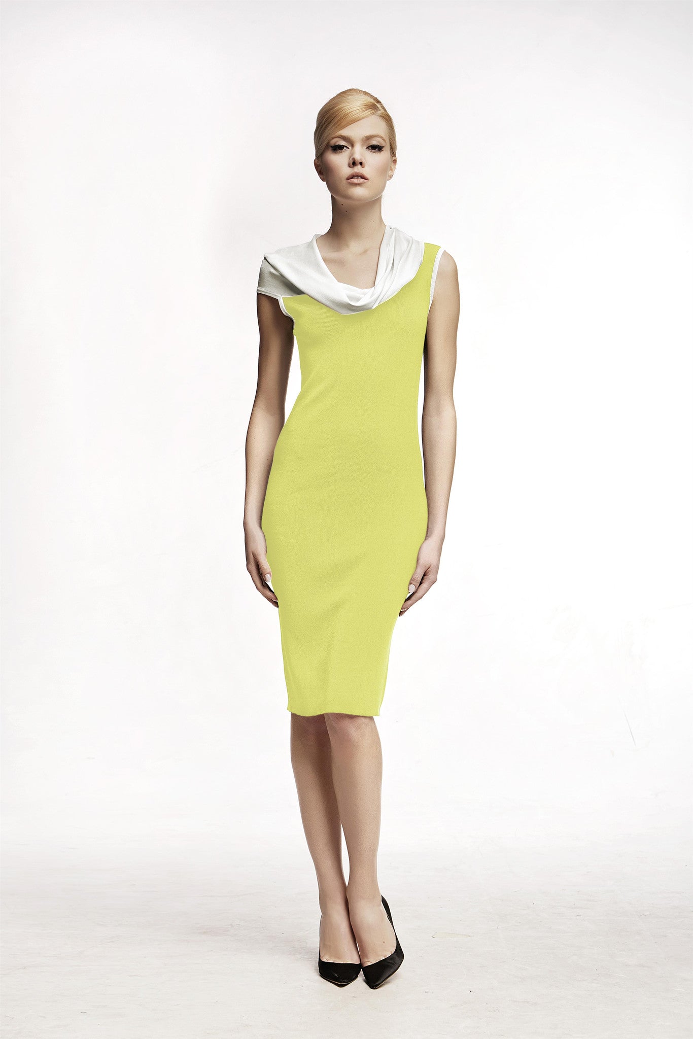 Chartreuse asymmetric neckline knitted dress