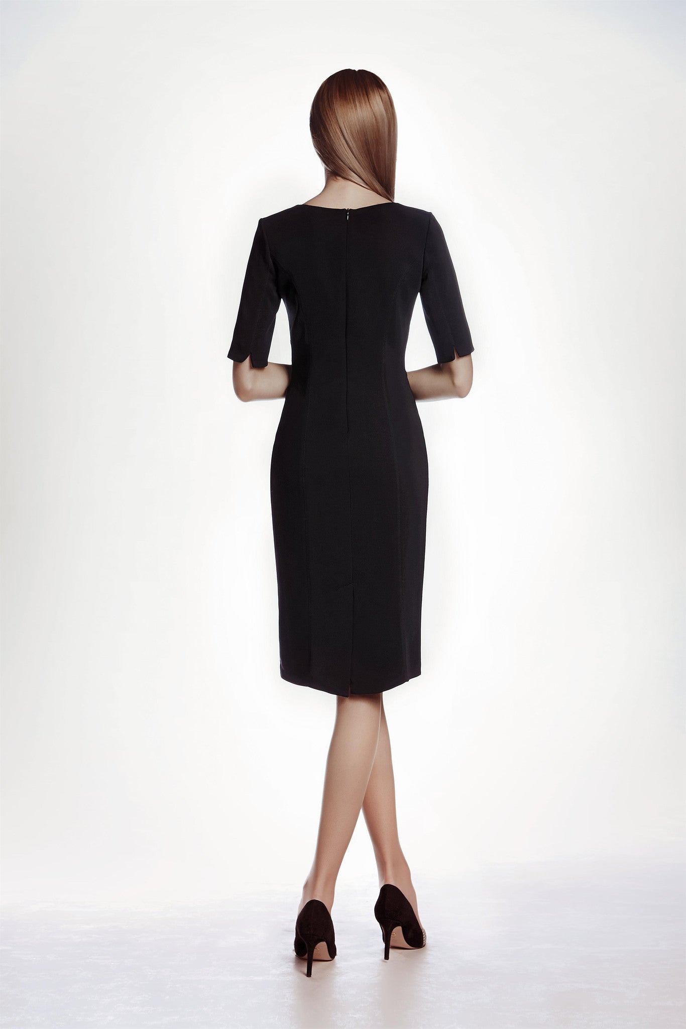 Black Fitted Knee Length Dress with Asymmetrical Neckline
