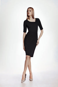 Black Fitted Knee Length Dress with Asymmetrical Neckline