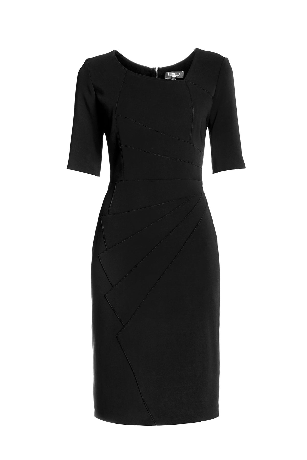 Black Fitted Knee Length Dress with Asymmetrical Neckline RUMOUR LONDON Black Fitted Knee Length Dress with Asymmetrical Neckline RUMOUR LONDON