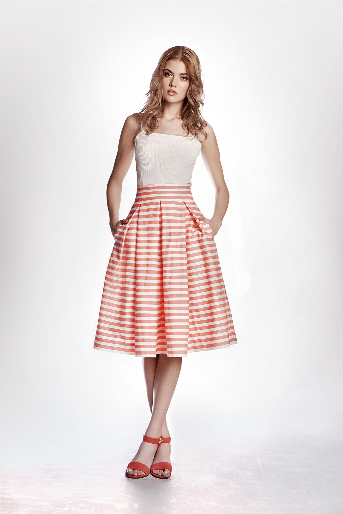 Coral Striped Midi Skirt