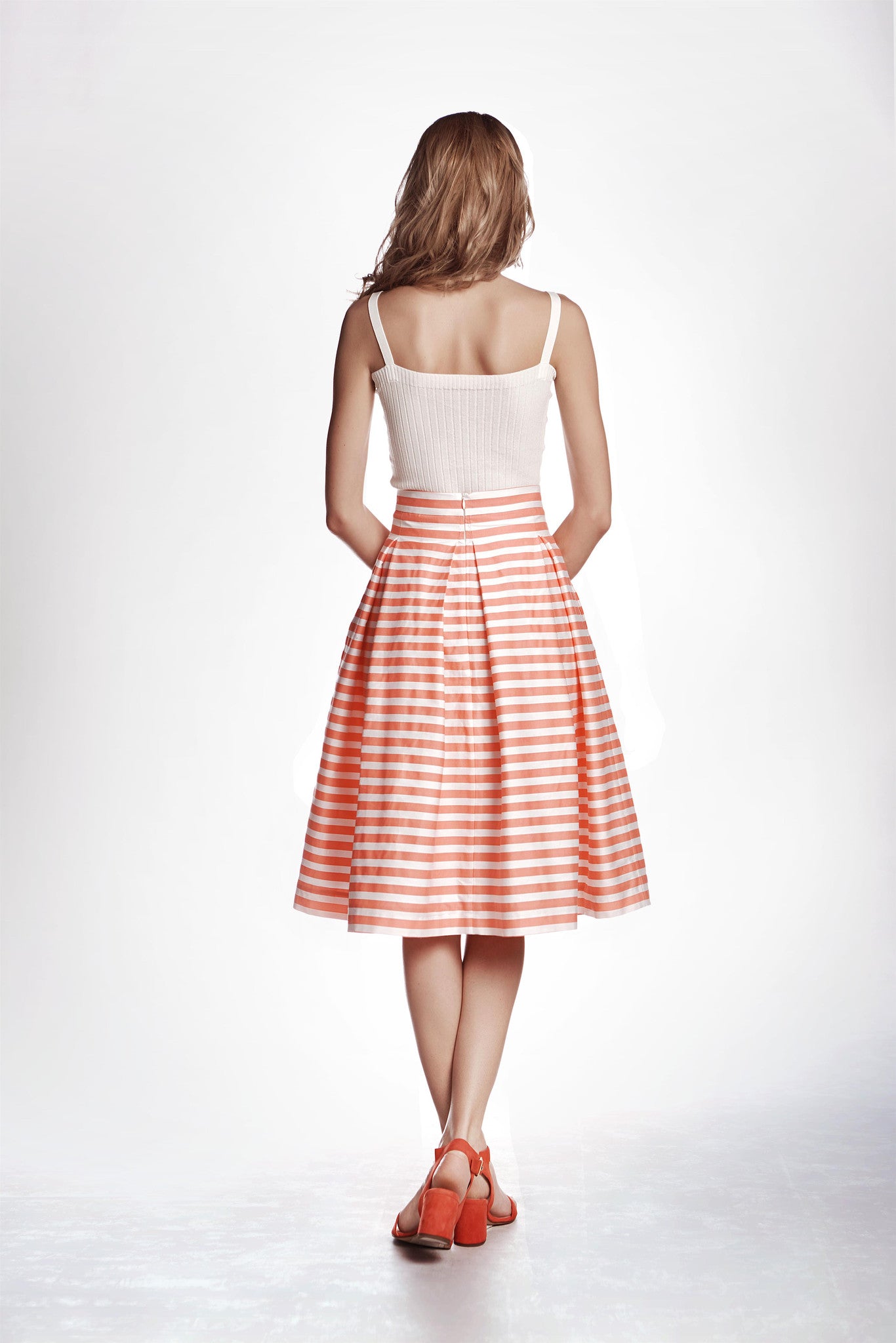 Coral Striped Midi Skirt