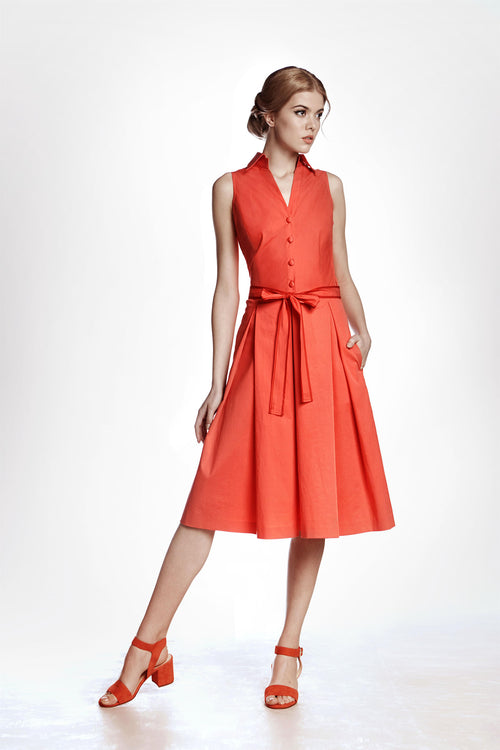Satin Cotton Belted Flared Dress