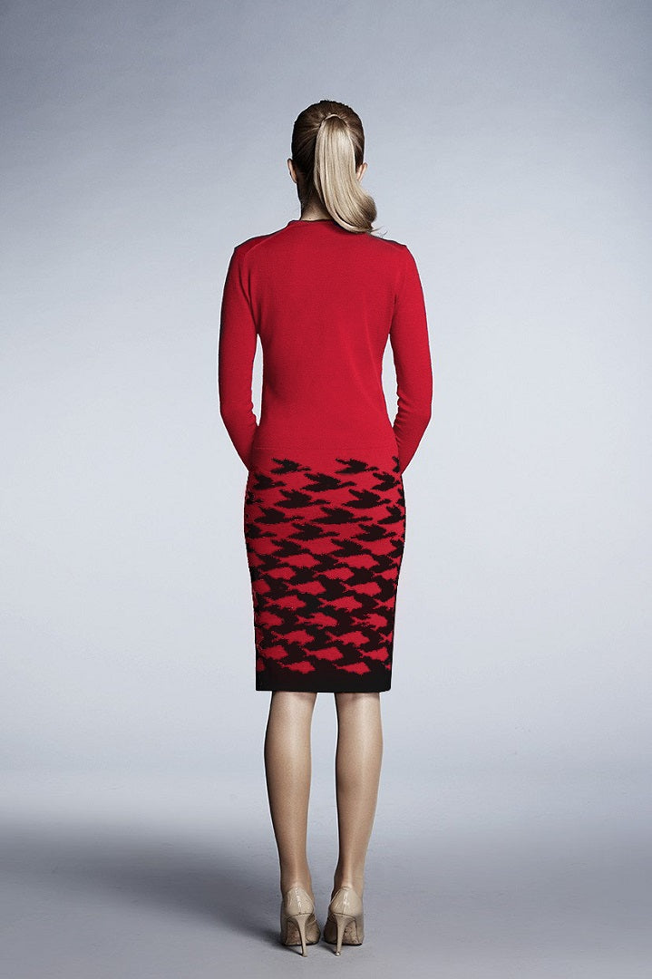 Red illusion houndstooth knitted jacquard dress