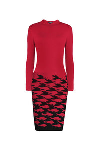 Red illusion houndstooth knitted jacquard dress