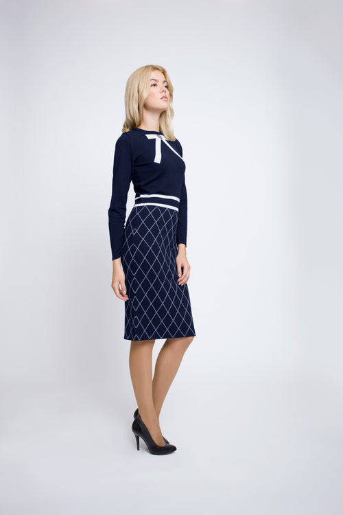 Bow jacquard knitted dress in midnight blue