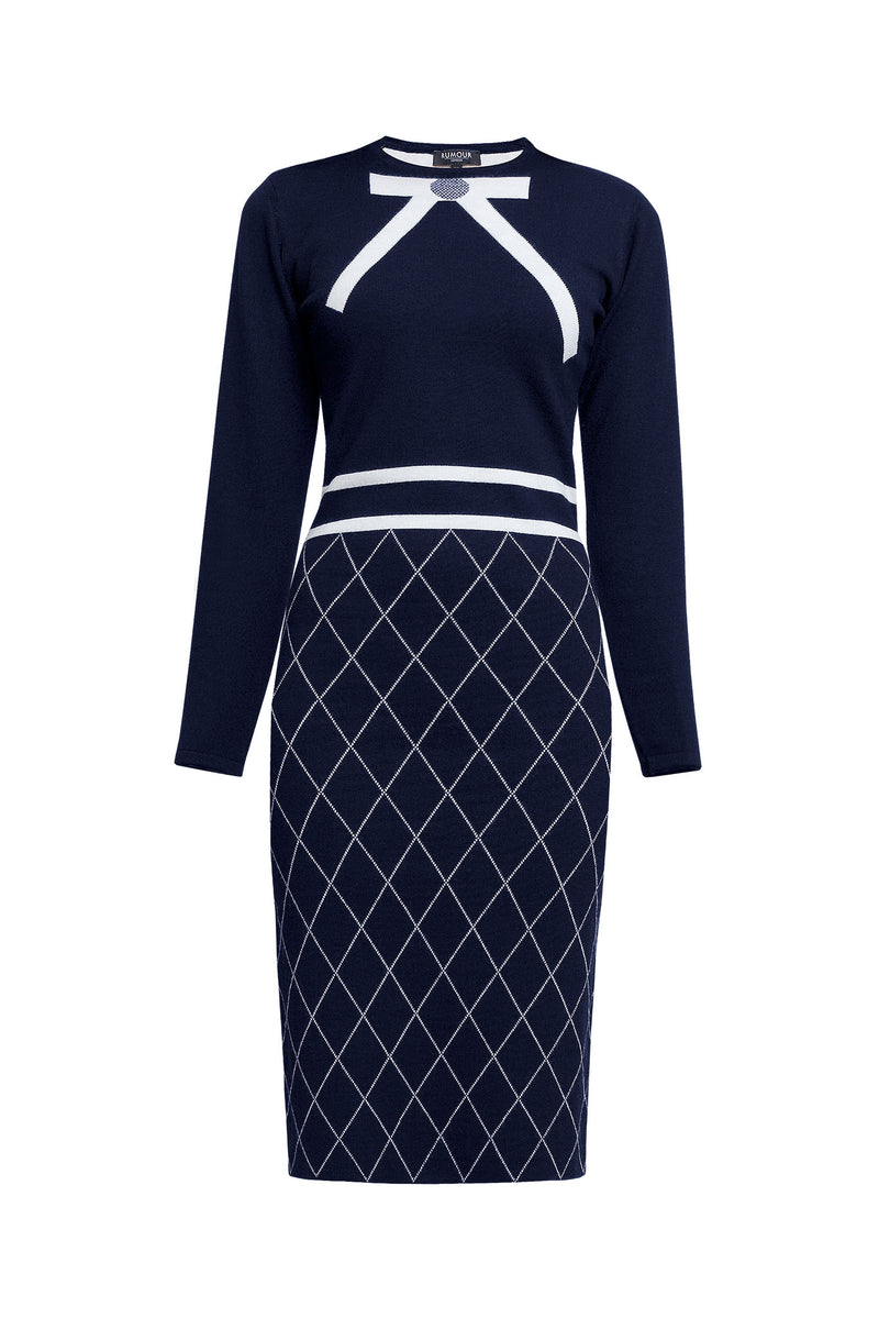 Bow jacquard knitted dress in midnight blue
