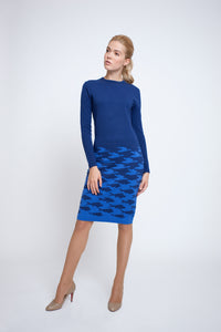 Two-tone blue jacquard knitted dress
