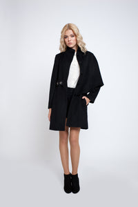 Asymmetric wool and angora coat