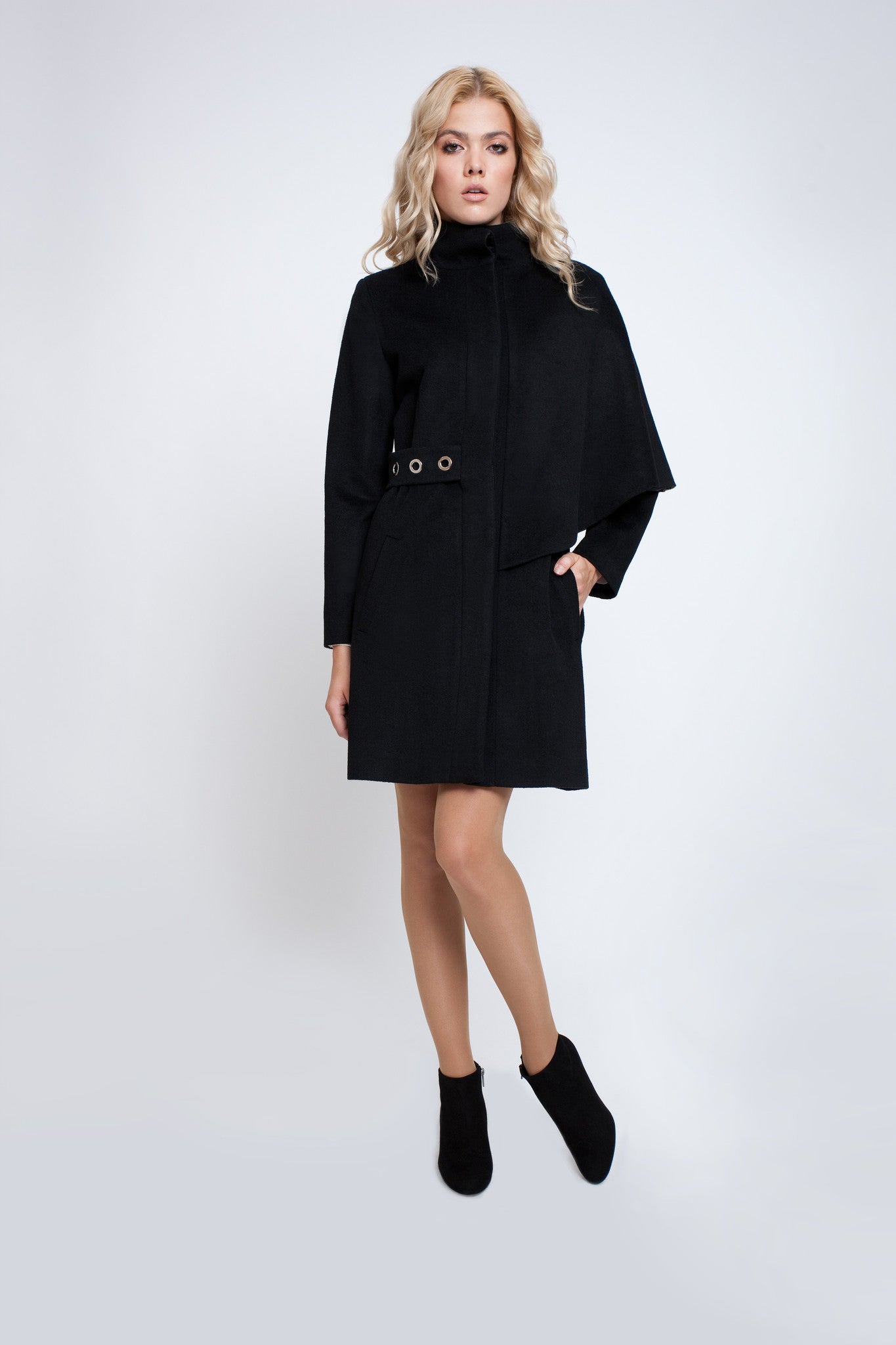 Asymmetric wool and angora coat