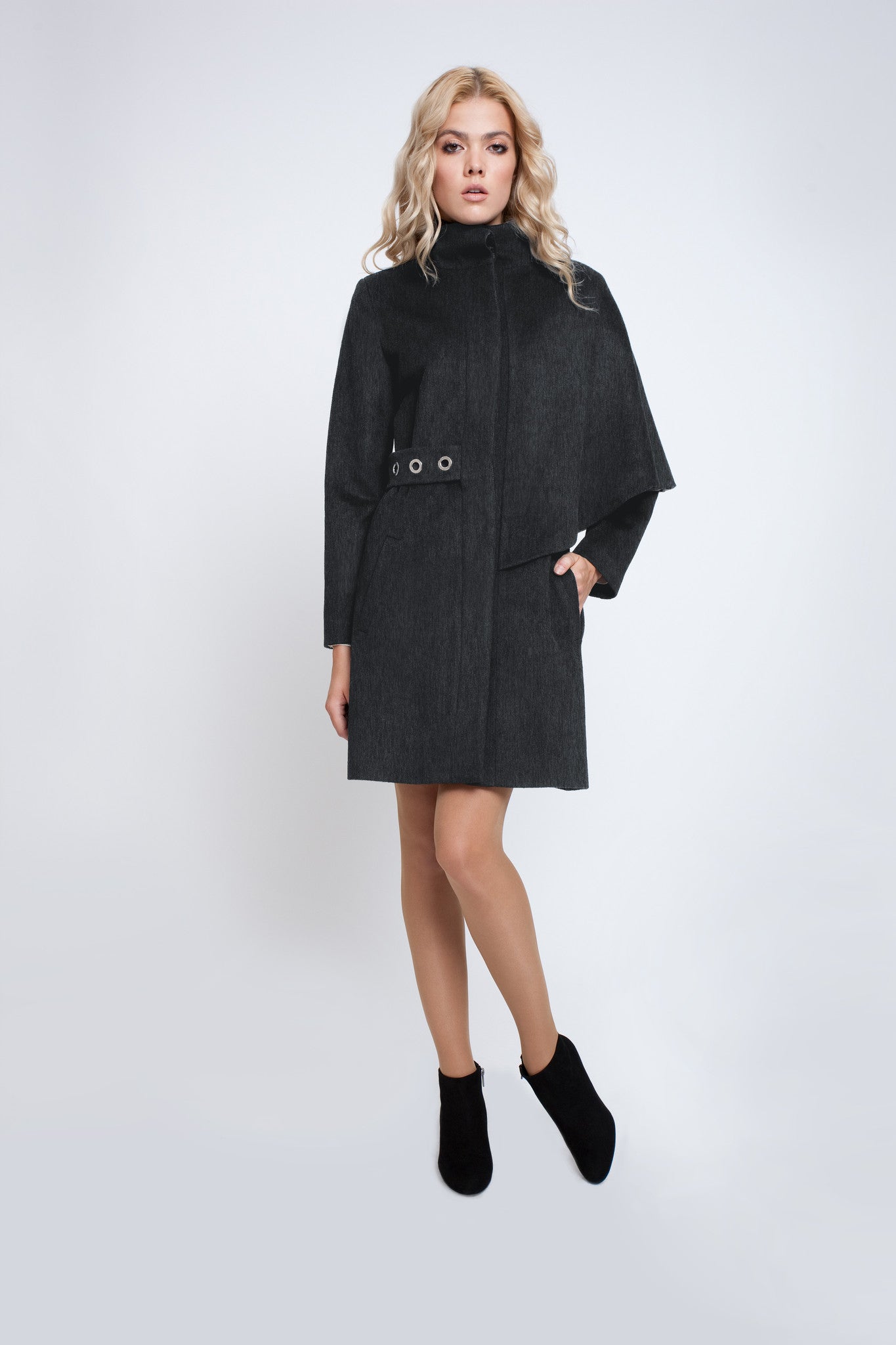 Asymmetric wool-blend cape coat in charcoal grey