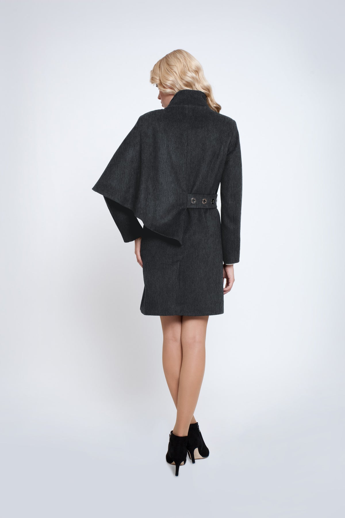 Asymmetric wool-blend cape coat in charcoal grey