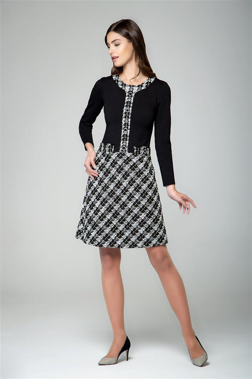 Jersey Dress With Checked Tweed Skirt