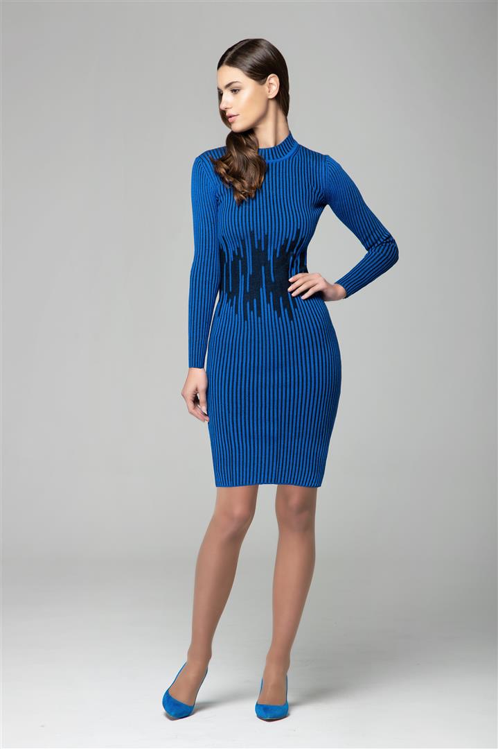 Blue two-tone ribbed knit dress with waist defining detail