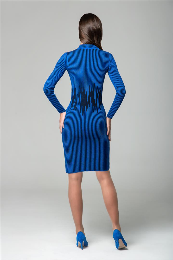 Blue two-tone ribbed knit dress with waist defining detail