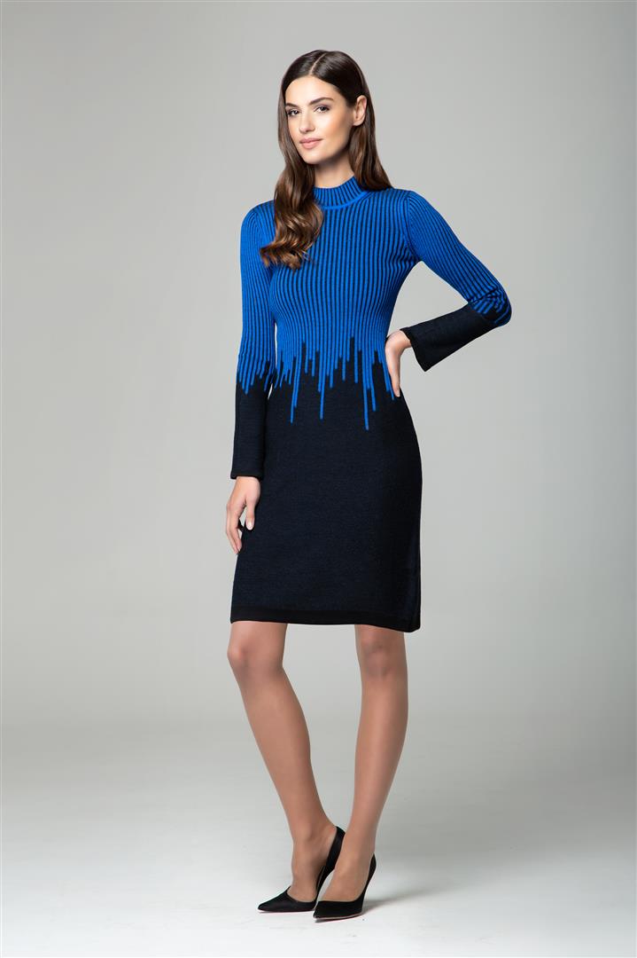 Blue two-tone ribbed knit dress with rain drop effect and bell sleeves