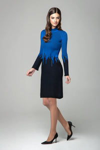 Blue two-tone ribbed knit dress with rain drop effect and bell sleeves