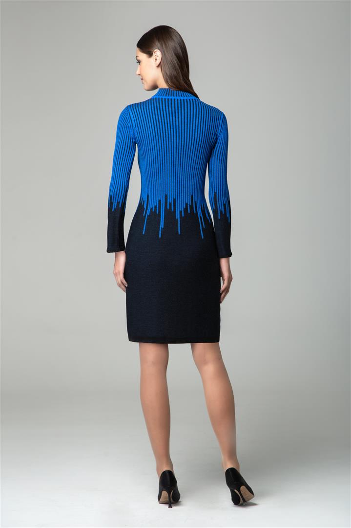 Blue two-tone ribbed knit dress with rain drop effect and bell sleeves